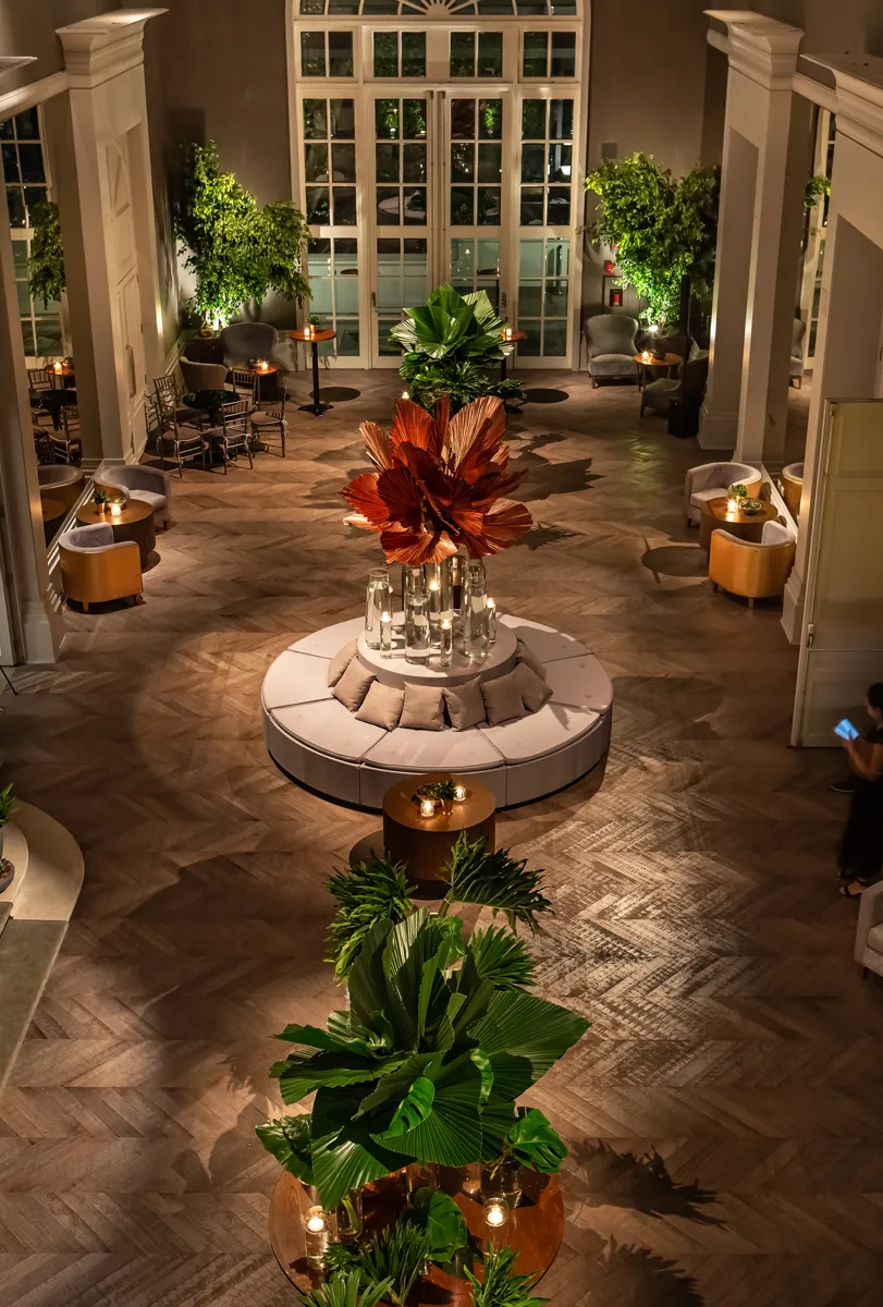 Tropical lounge centrepiece with copper palms