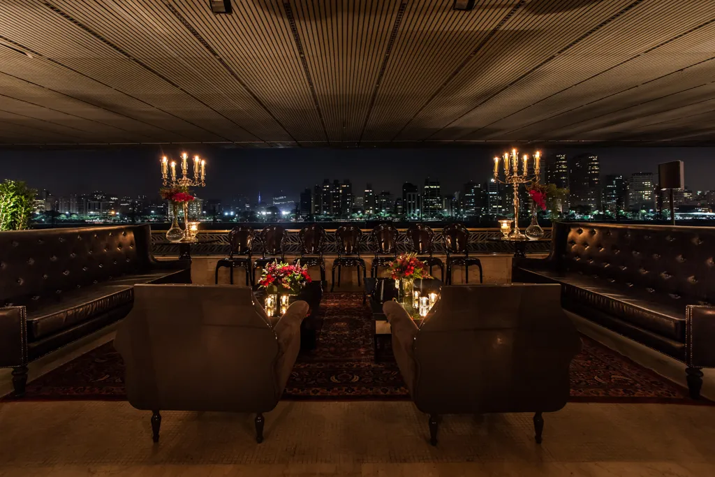 Rooftop lounge over the city skyline