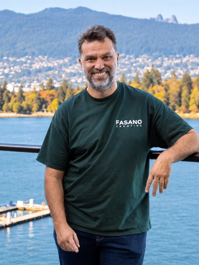 Roberto, founder of Fasano Creative, on a terrace above Coal Harbour, Vancouver